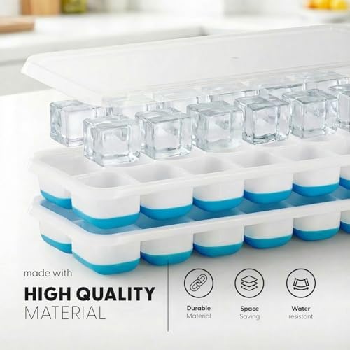 KEPLIN - 2 Pack Flexible Silicone Ice Cube Trays with Leakproof Lids, Easy Release Container, LFGB Certified and BPA Free, Parties, Cocktails and Frozen Drinks (Blue)