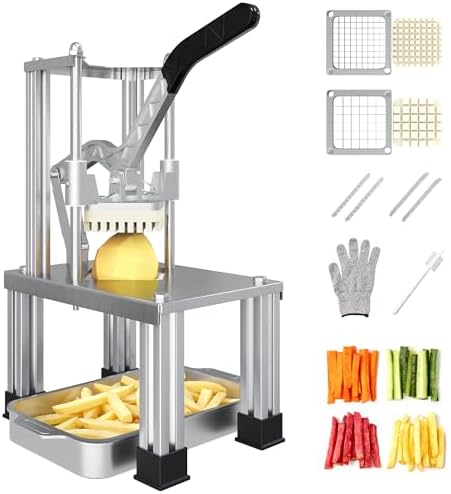 Commercial French Fry Cutter with 1/2 Inch and 3/8 Inch Blades, Heavy Duty Potato Slicer, Stainless Steel Potatoes Cutter for Restaurant & Home Kitchen