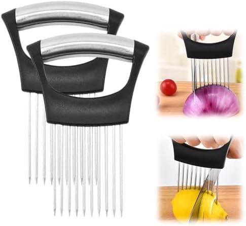 Onion Holder for Slicing, 2025 New Stainless Steel Onion Slice Holder Lemon Slicer Vegetable Cutter, Kitchen Gadgets Chopper Slicing Assistant Tool for Meat, Onion, Tomato, Potato (2 Pcs)