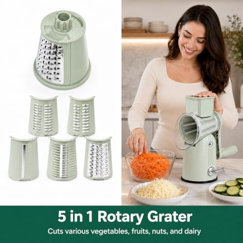 5 in 1 Rotary Cheese Grater with Hand Crank,Cheese Shredder(Green)