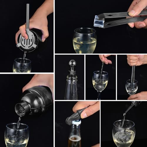 Safring Bartender Kit with Stand, 12-Piece Bar Set | 24oz Cocktail Shaker Set for Drink Mixing, Martini Shaker Set with Bar Tools, Recipes Booklet | Fun Housewarming Gift (Black)