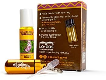 Spikenard Anointing Oil from Israel Boxed Gift Set with Dispenser, Holy Jerusalem Oil & Gold Metal Keychain Bottle Container, Plastic Dropper & Small Glass Vial, Aceite Ungido y Botella