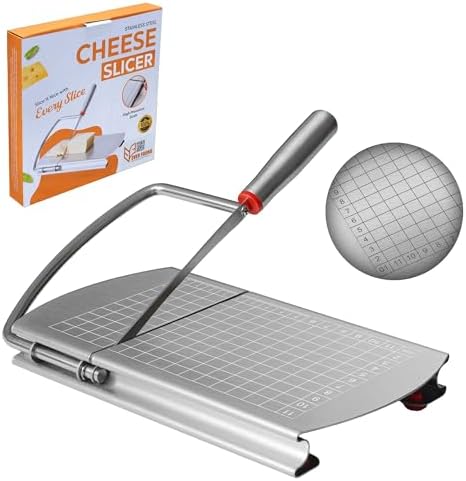 EVER FOUND Stainless Steel Cheese Slicers for Block Cheese Heavy Duty-Multipurpose Cheese Cutter Board with Sharp Knife, Precision Scale and Anti Slip Rubber Pads for cutting Block Cheese & Much More