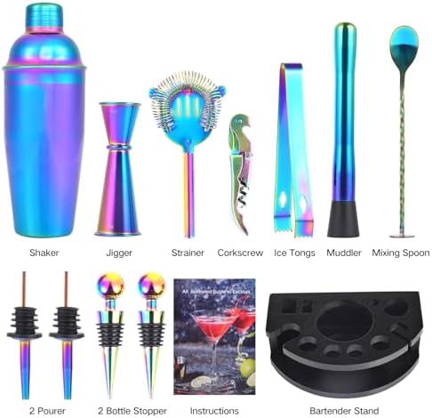 Safring Bartender Kit with Stand, 12-Piece Bar Set | 24oz Cocktail Shaker Set for Drink Mixing, Martini Shaker Set with Bar Tools, Recipes Booklet | Fun Housewarming Gift (Rainbow)