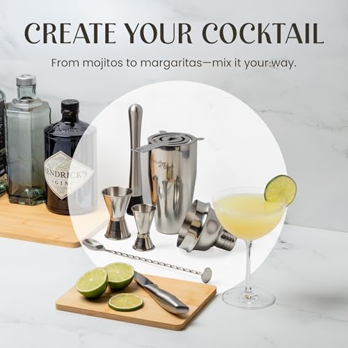 Mixology & Craft Rustic Cocktail Shaker Set – Includes Wood Stand, Complete Barware Kit with 24 Oz Shaker, Dual Jiggers, Pourers, Muddler, Strainer – Perfect for Home Bartenders (Silver)