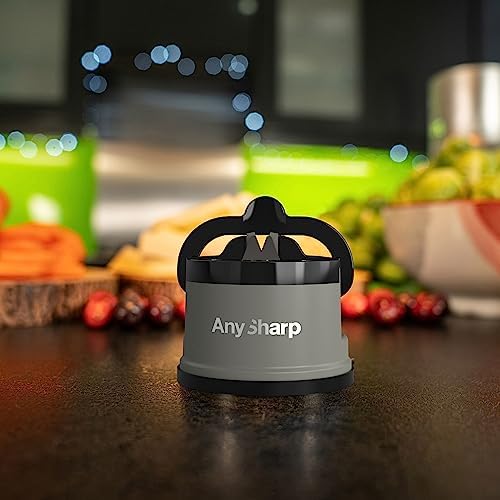 AnySharp Knife Sharpener, Hands-Free Safety, PowerGrip Suction, Safely Sharpens All Kitchen Knives, Ideal for Hardened Steel & Serrated, World's Best, Compact, One Size, Grey
