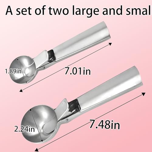 Premium Ice Cream Scoop Set,2 Pcs Stainless Steel Ice Cream Scoop-With Release Trigger,Heavy duty metal,Dishwasher Safe,Suitable for fruit,ice cream,frozen yogurt and sundaes,Small & large