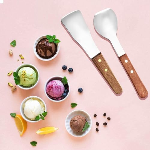Ice Cream Scoop Ice Cream Shovel Stainless Steel Ice Cream Spade with Comfortable Wood Handle Nonstick and Anti-Freeze Ice Cream Scooper, 2 Pcs
