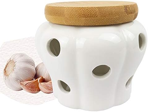 Ceramic Garlic Keeper with Bamboo Lid, 550 ml Vented White Stoneware Storage Container for Garlic, Ginger and Shallots, Countertop Kitchen Organizer