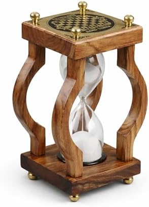 Wooden Hourglass Sand Timer, White Sand, Brass Accents