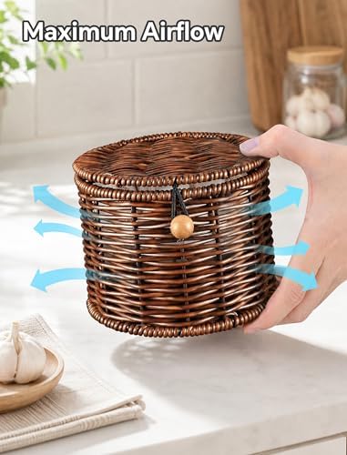 NiHome Garlic Keeper for Counter, Handwoven Rattan, Ventilated, Dark Brown