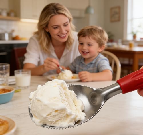 Heavy Duty Flat Ice Cream Scoop Spade with Serrated Edge for Rock Hard Frozen Treats, Stainless Steel with Good Grip Red Handle