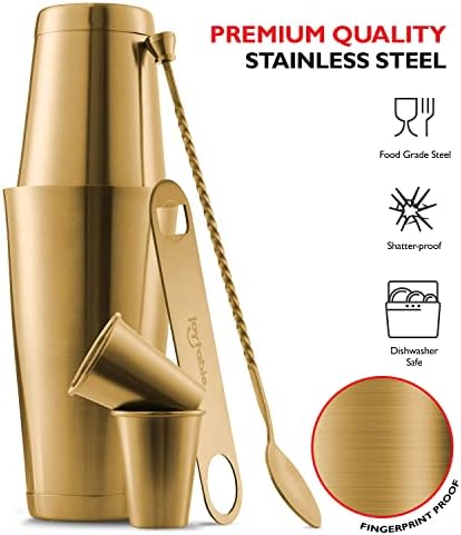 Bar Set Cocktail Shaker Set - Stainless Steel Mixology Bartender Kit, 16PC Cocktail Kit, Gold Cocktail Set, Bar Tools: 30oz Martini Shaker, Muddler, Bar Kit Cocktail Book, Jigger and Pourers