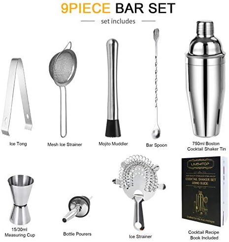 LIVEHITOP Cocktail Shaker Set, Stainless Steel Bartending Kit with 25 oz Martini Shaker, Jigger, Strainer, Mixing Spoon, Muddler, Recipe, Professional Bar Tools Gifts for Him Her