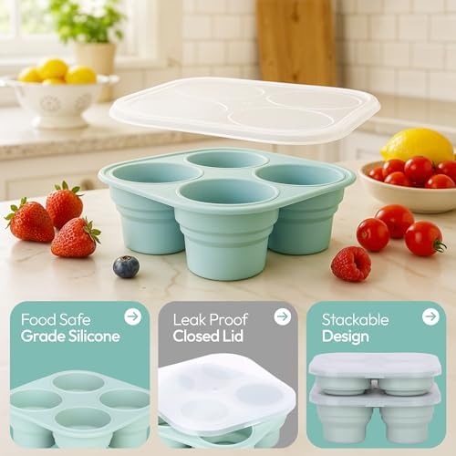 Silicone Freezer Tray with Lid - Stackable 2 oz Large Ice Cube Molds for Homemade Purees, Egg Bites, Broth Food Storage - Dishwasher Safe - 3 Pack