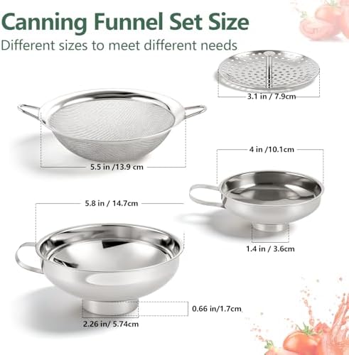 4-in-1 Canning Funnel Set, Stainless Steel Wide Mouth & Regular Funnels with Extended Stable Spout, Umbrella Strainer & Mesh Filter, Food-Grade Kit for Large Food, Jars, Oil, Kitchen Use