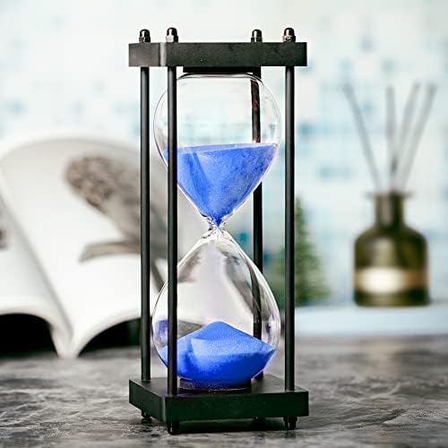 Hourglass Timer 60 Minute, Black Wooden Sand Timer, Blue