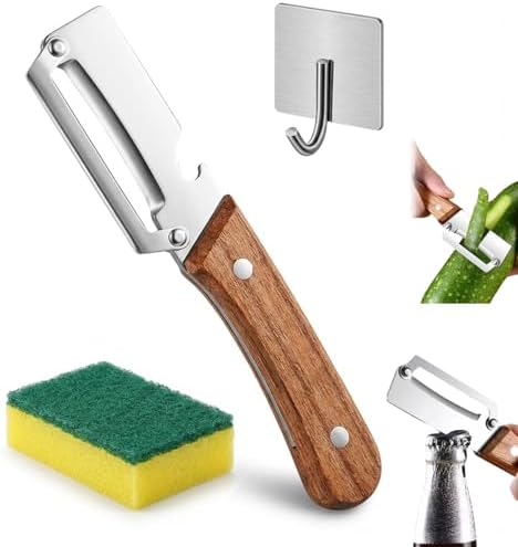 Multi-Functional Vegetable Peeler for Kitchen with Wooden handle & Bottle Opener Design, Premium Stainless Steel Blade Vegetable and Fruit Peeling Tool, Easy peeling & Reduces Waste