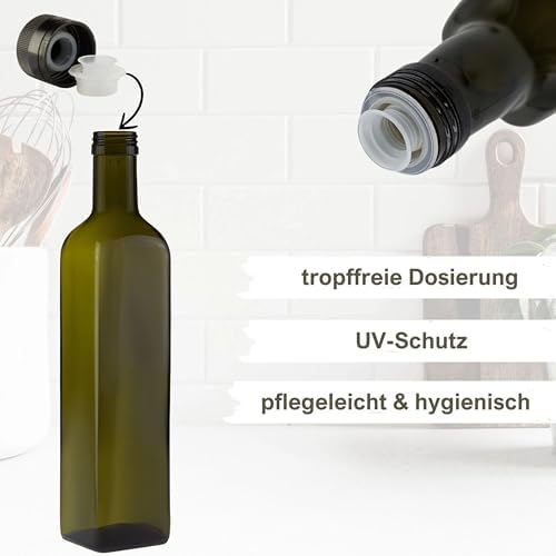 mikken 2 x Oil Bottles 500 ml with Spout Green/Brown Oil Dispenser Glass Bottle with Dispenser and Labels