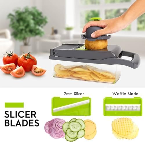 Vegetable Chopper Pro 16 in 1 Manual Mandoline Slicer, Onion Chopper Professional food multifuntional with Stainless Steel Blades and container & Bonus Eco-Friendly Storage Bags