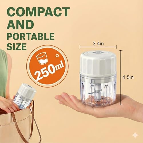 Electric Garlic Chopper, 250ML Portable Cordless Mini Food Processor, USB Rechargeable Vegetable Chopper Blender for Nuts Chili Onion Minced Meat Baby Food and Spices, BPA-Free (White)
