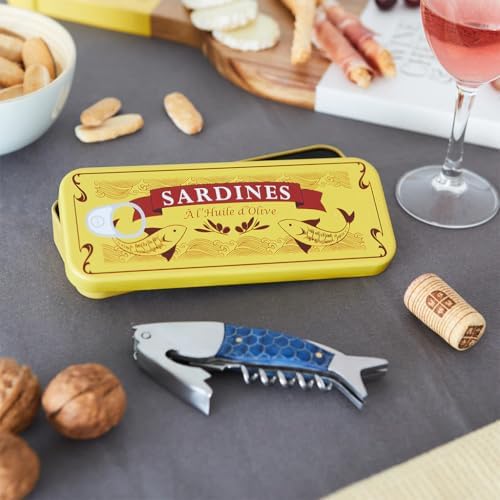 Balvi Sardines Corkscrew and Bottle Opener with Blue Tin Box – Durable Metal Design, Easy-to-Use Wine and Beer Opener, Ideal for Home Bars and Parties – Sacacorchos Sardinas
