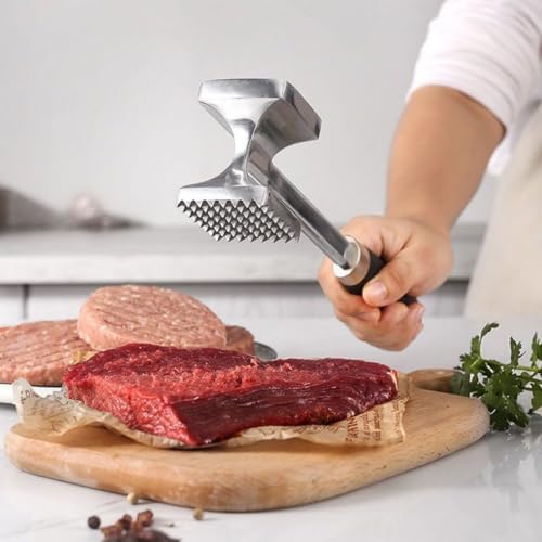 Meat Tenderizer, Stainless Steel Meat Tenderiser Hammer, Dual-Sided Heavy Duty, for Steak, Chicken, Pork, Fish 10.6 x 2.4 x 1.8in Silver