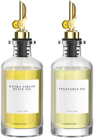 2 Pack Olive Oil Dispensers Bottle for Kitchen, Glass Cooking Oil Dispenser, Oil and Vinegar Dispenser Set with Weighted Pourer and 40 Labels, Gold 12 oz