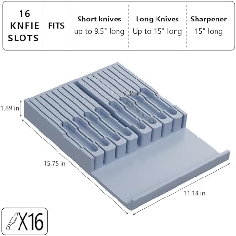 Domax Knife Drawer Organizer Insert Bamboo for 16 Knives, Gray
