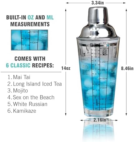 EVERYDAY COCKTAIL - Professional Glass Cocktail Shaker 14 oz, Martini Shaker with Recipes and Measurements, Built-in Strainer and Leakproof Seal, Clear Bar Tool for Margaritas, Martinis