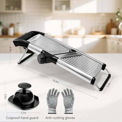 Mandoline Slicer, Adjustable Stainless Steel Slicer, Food Holder and Gloves