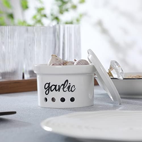 Garlic Keeper with Crystal Lid, 12.5 oz Ceramic Garlic Saver Container for Countertop, Farmhouse Kitchen Decor (Gold)