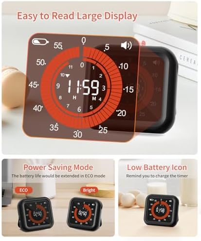 Digital Magnetic Visual Kitchen Timer, Up to 11H 59M Countdown & Count Up