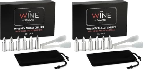 Bullet Whiskey Chillers Stones - Whiskey Rocks by The Wine Savant Set of 6 - Stainless Steel Bullet Shaped Ice Cubes, Gift Box Come, Tongs and Storage Bag, Scotch Rocks (Silver) (Pack of 2)