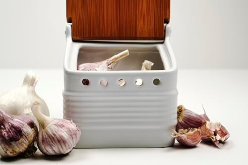 RSVP International White Stoneware Kitchen Collection, Stoneware Garlic Keeper, 4.5x4x4.5"