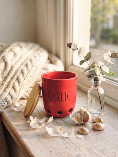 Ceramic Garlic Saver Container with Wood Lid (Red)