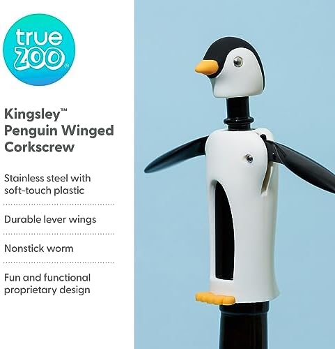 True Zoo Kingsley the Penguin Corkscrew Wine Opener, Winged Design with Easy Grip Soft Touch Wings, Stainless Steel and Plastic with Sharp Screw for Wine Bottles, Home Bar, Kitchen, Novelty Gifts