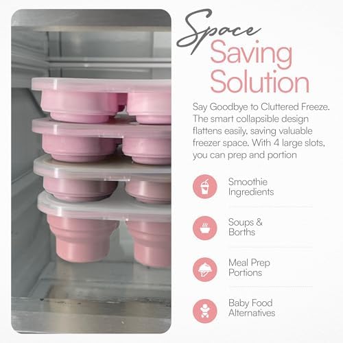 Silicone Freezer Tray with Lid - Stackable 2 oz Large Ice Cube Molds for Homemade Purees, Egg Bites, Broth Food Storage - Dishwasher Safe (Pink) - 2 Pack
