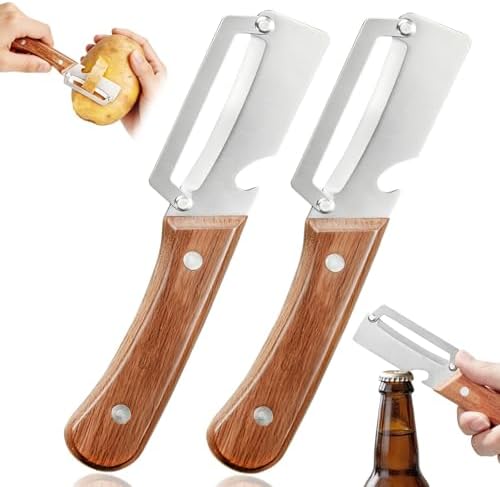 2-Pack Right-Hand Vegetable Peeler with Bottle Opener, Thickened Stainless Steel Wide Blade for Smooth Peeling, Wooden Handle Kitchen Peeler for Fruits & Vegetables