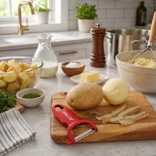 CatCora Swiss-Style Peeler, Professional German Tempered Stainless Steel Blade For Peeling Fruits and Vegetables and Garnishing, Ergonomic Contoured Handle, Red