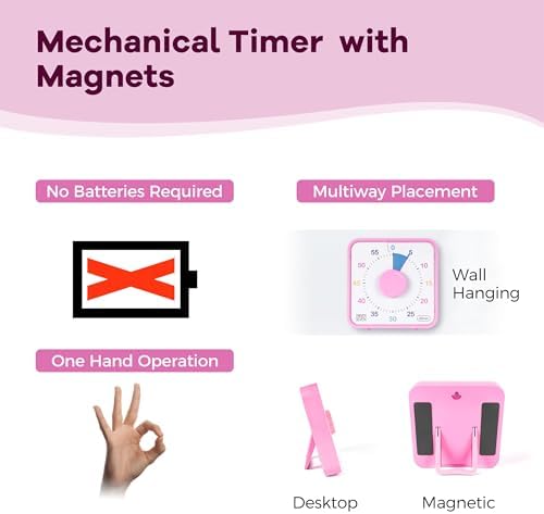 TWENTY5 SEVEN Countdown Timer 7.5 inch, 60 Minute 1 Hour Visual Timer for Classroom Teaching Tool Office Meeting, Mechanical Countdown Clock for Kids Exam Time Management Magnetic, Ombre Pink Macarons