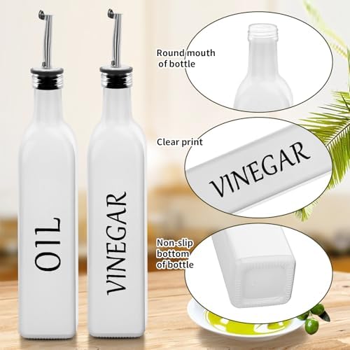 Olive Oil Dispenser Bottle,2 Pcs 17oz 500ml Glass O il and Vinegar Dispenser Set with 2 Stainless Steel Pourers, 8 Labels,Funnel Vinegar Bottles for Kitchen (White)