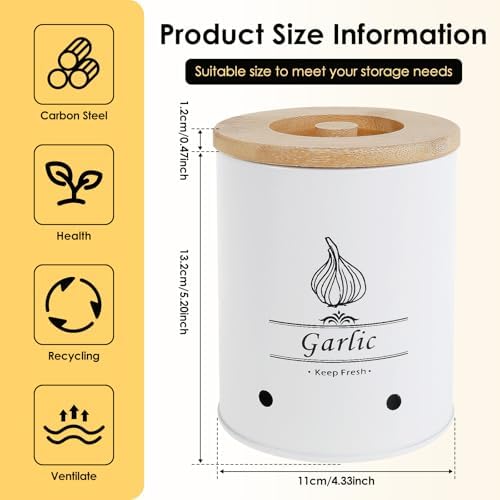 Large Ceramic Garlic Keeper, Farmhouse Style Garlic Storage Box with Wood Lid, Ventilated Garlic Saver, 2.3L, White