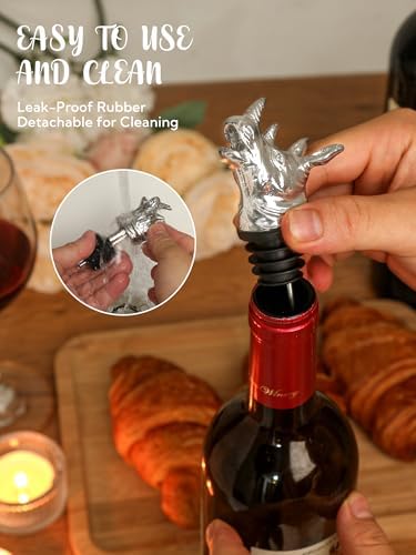 Rhino Wine Pourer, Metal Animal Wine Bottle Pourer Spout with Stopper, No-Drip Liquor Pour Spout for Wine, Whiskey, Spirits, Decorative Rhinoceros Bottle Topper Bar Accessory, Gift for Men