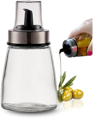 PARENCE. - Oil Bottle 200 ml with Pouring Cap - Glass and Stainless Steel Dispenser - Container for Oil, Vinegar, Sauce - 6.5 x 6.5 x 12.5 cm - Precise and Dripless Pouring
