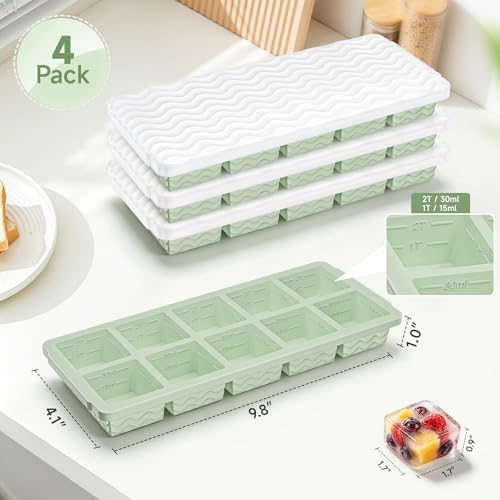Ice Cube Tray with Lid (4-Pack), 2 Tbsp Large Silicone Freezer Molds, Perfect for Coffee Whiskey Cocktail Ice Making, Stackable Freezer Containers for Storing Sauce, Garlic, Herbs, Ginger