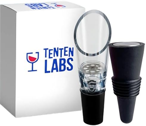 TenTen Labs Wine Aerator Pourer & Wine Stopper (2-Pack), Leakproof, Black