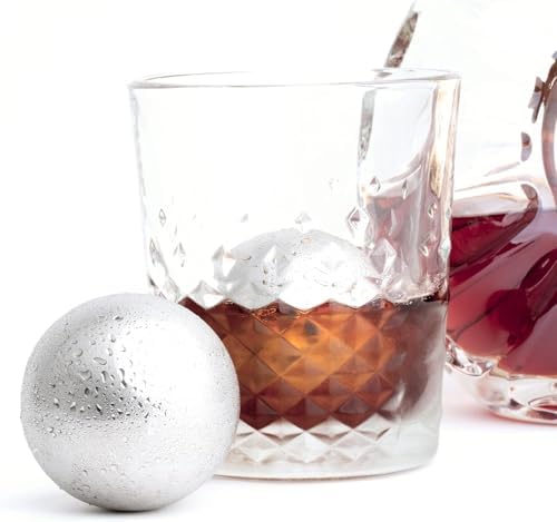 4 Premium XXL 55mm Stainless Steel Ice Whiskey Balls with Freezer Tray| Whiskey Rocks, Chilling Stones, Whiskey Stone Ice Cube Balls, Round Chilling Spheres (Not Solid Steel)