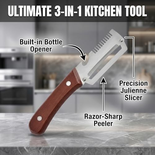 3-in-1 Scallion Shredder & Peeler, 2-in-1 Serrated Peeling Knife Premium Vegetable Peeler with Wooden Handle & Built-In Bottle Opener, Multi-purpose Peeler and Julienne Shredder Set