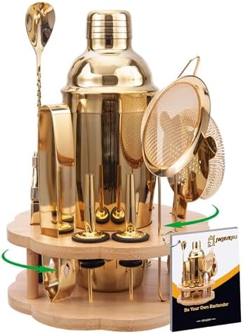 Cocktail Shaker Set Bartender Kit with Rotatble Bamboo Stand,11 Piece Bar Set Stainless Steel Bar Accessories for Drink Mixing, Bar, Home, Party (Gold)